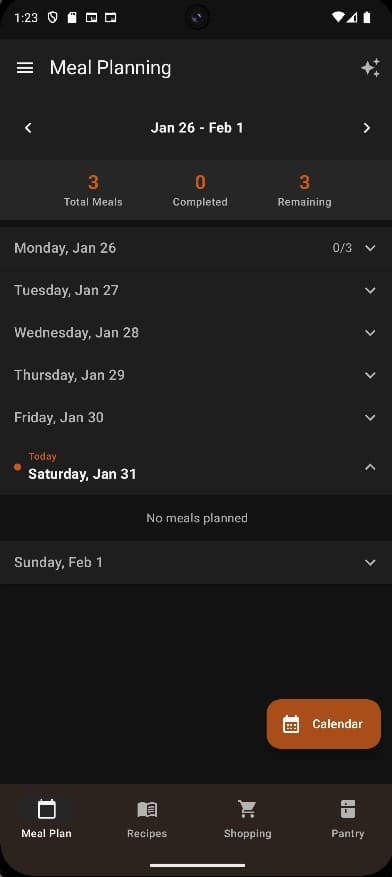 MealForge meal planning screen showing weekly calendar view with daily meal slots