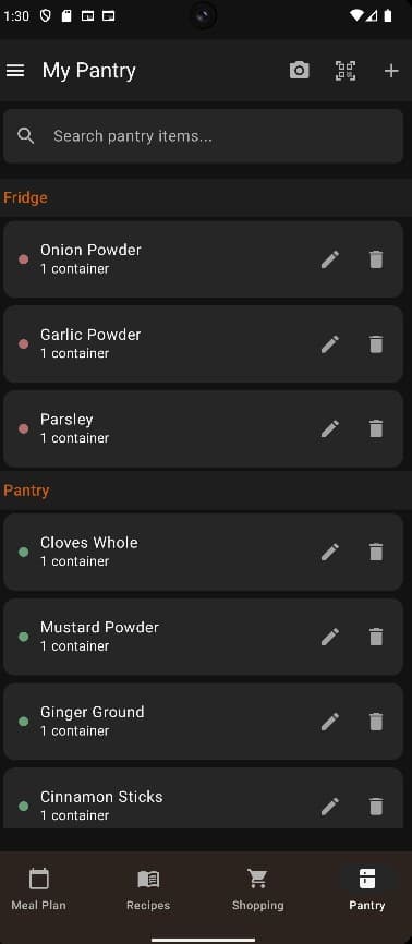 MealForge pantry screen showing tracked items organized by storage location