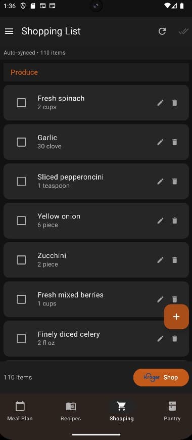 MealForge shopping list screen with categorized ingredients and Kroger integration